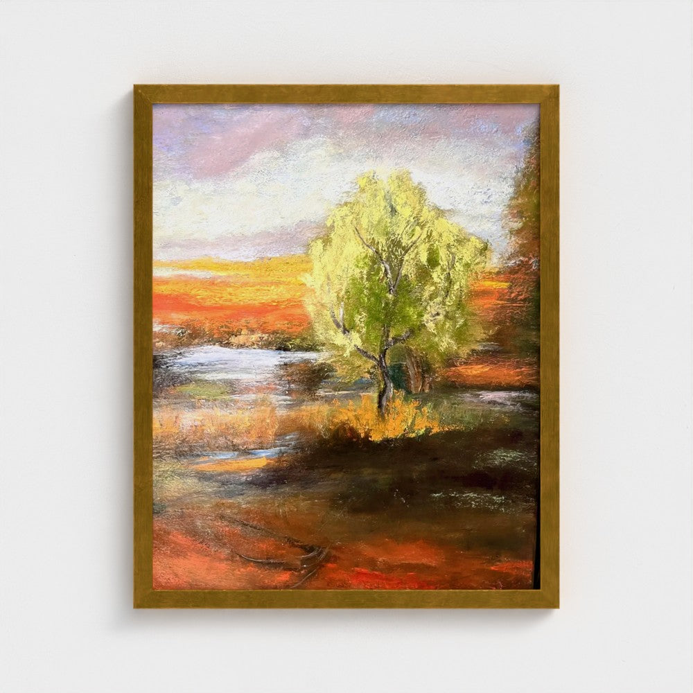 Impressionist painting of a bright green spring tree with golden sunset light over land and water