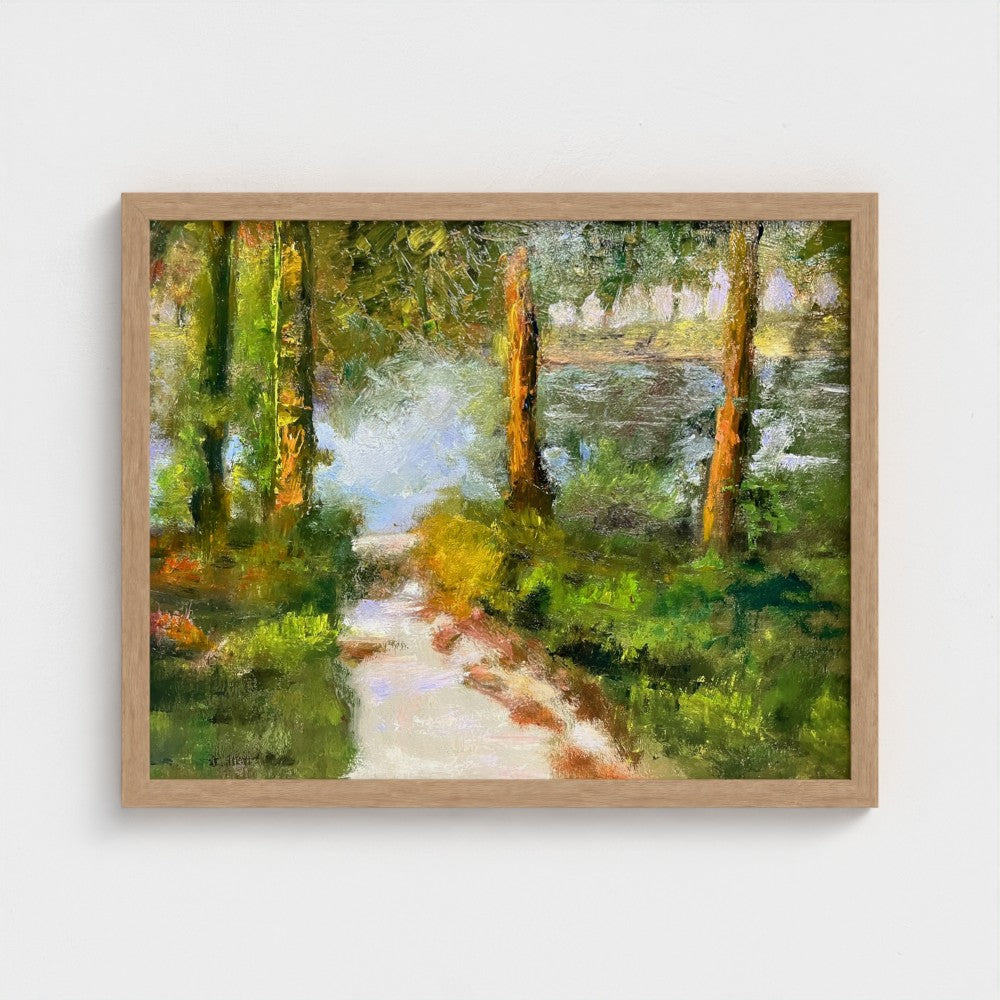 Impressionist painting of a forest lake with trees, a shoreline path, and soft morning light