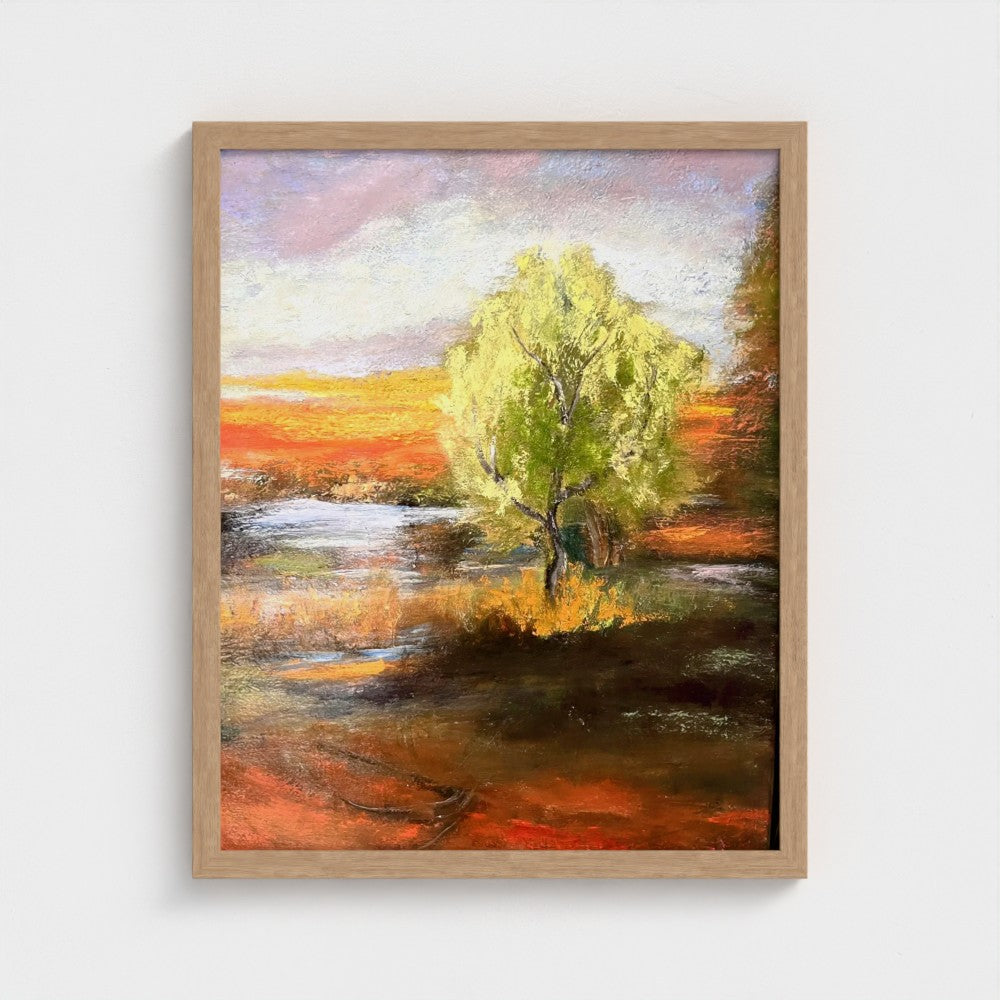 Impressionist painting of a bright green spring tree with golden sunset light over land and water