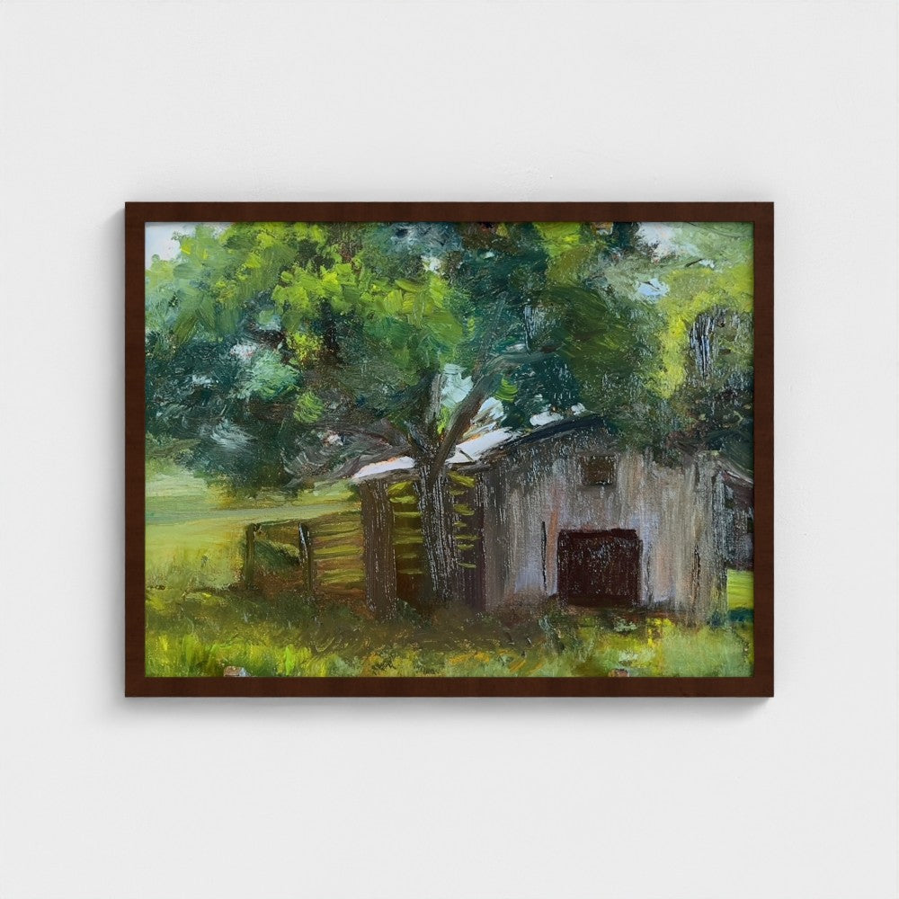 Impressionist painting of a weathered barn with green trees and warm golden light