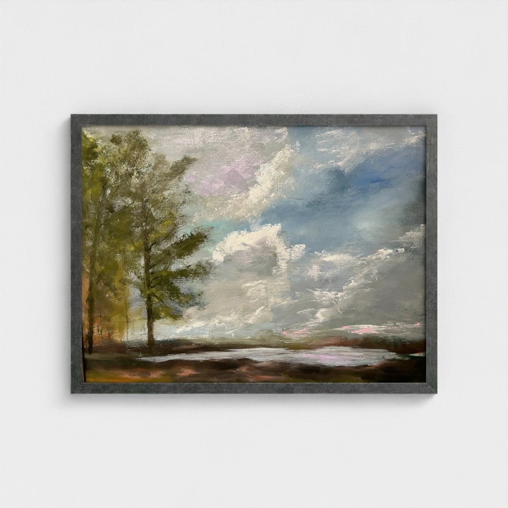 Impressionist painting of tranquil blue water with a soft misty sky and hints of golden light