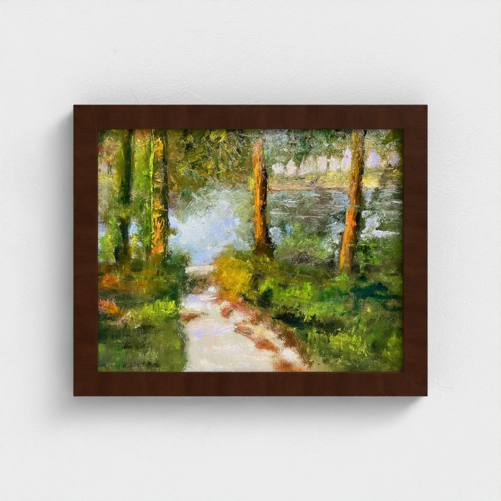 Impressionist painting of a forest lake with trees, a shoreline path, and soft morning light