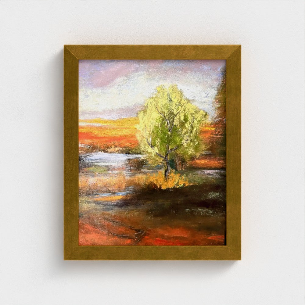 Impressionist painting of a bright green spring tree with golden sunset light over land and water