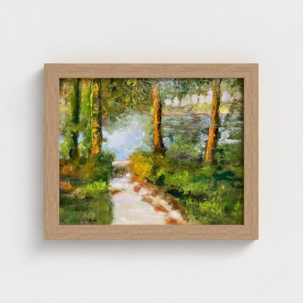 Impressionist painting of a forest lake with trees, a shoreline path, and soft morning light