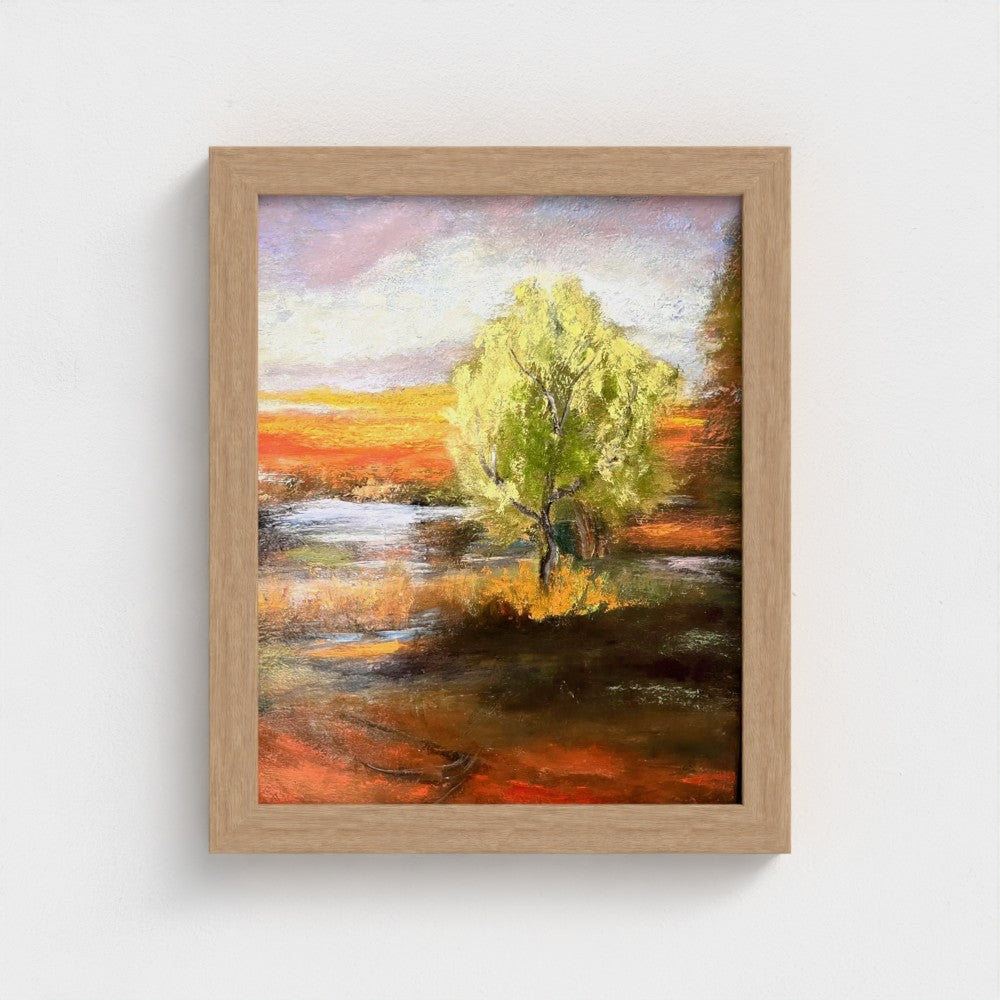 Impressionist painting of a bright green spring tree with golden sunset light over land and water