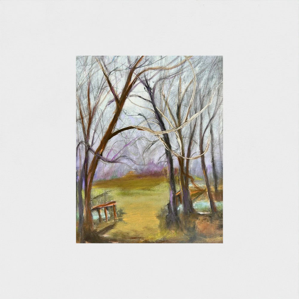 Impressionist painting of a landscape with gathering storm clouds, trees, and soft light before rain