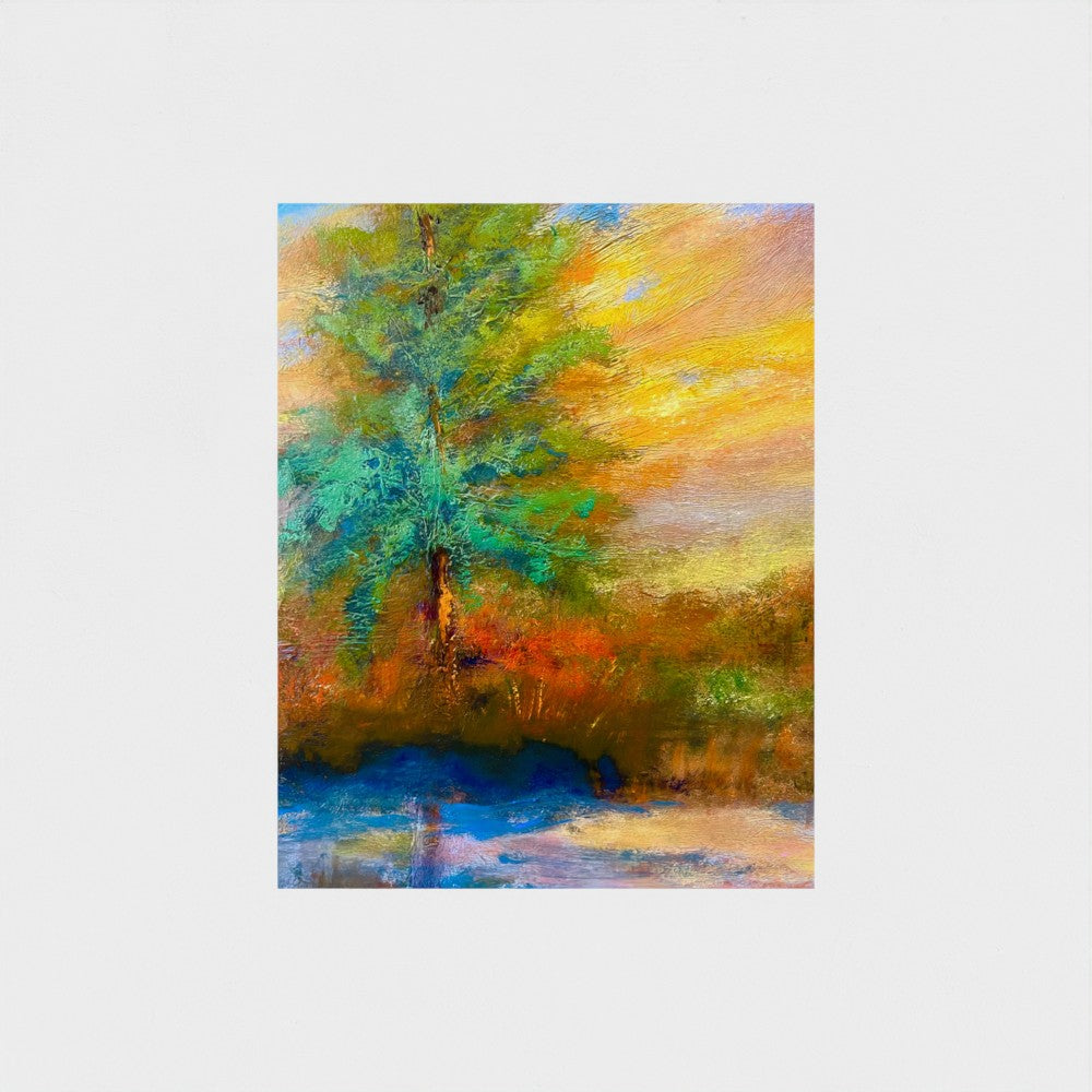 Impressionist painting of a radiant sunrise over the horizon with vivid yellow and red sky on white background