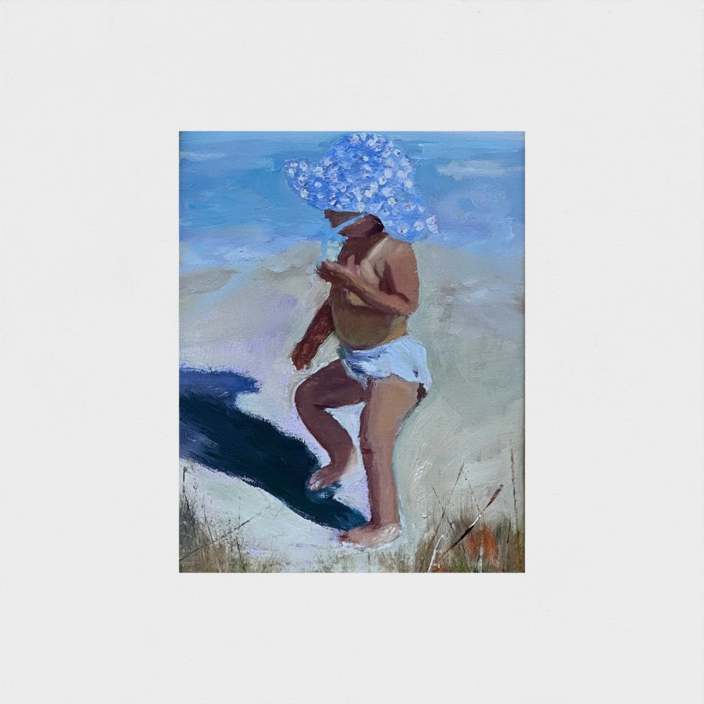 Impressionist painting of a young child in a wide polka-dotted blue hat with beach shoreline and bright summer light