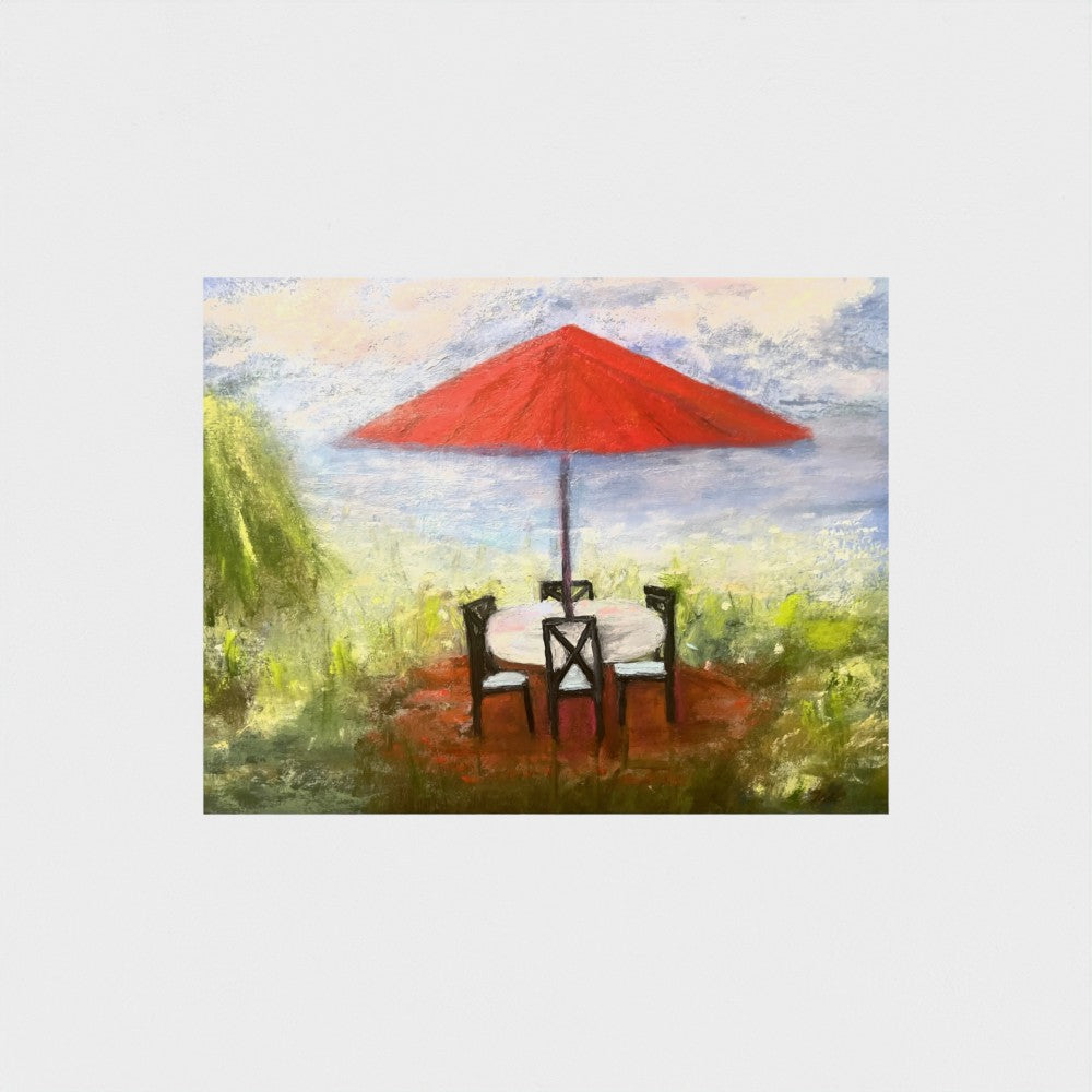 Impressionistic painting of an outdoor setting with a red umbrella, table, and chairs.