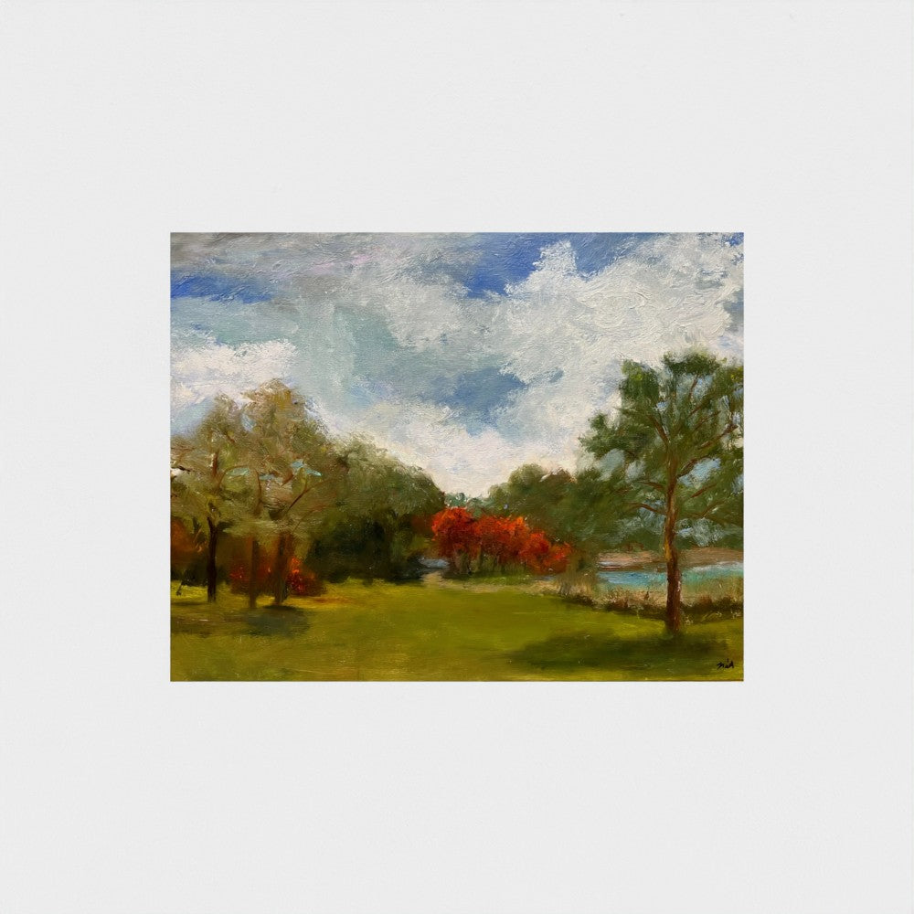 Impressionist painting of still water with soft sky reflections and gentle light