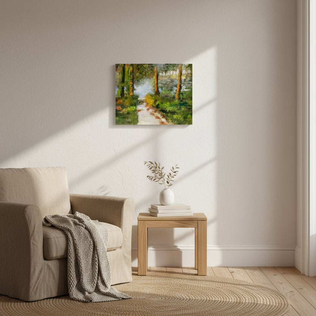 Canvas print of a nature scene in a living room with a beige armchair and wooden side table.