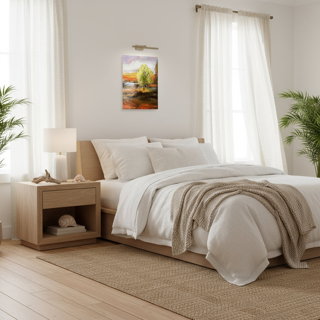 Neatly made bed in a bedroom with a side table and decor