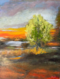 Impressionist painting of a bright green spring tree with golden sunset light over land and water
