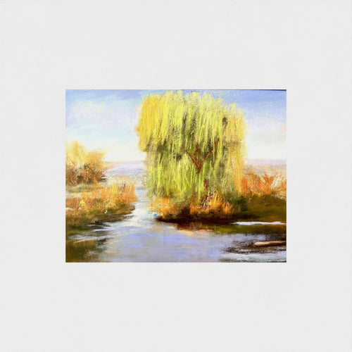 Impressionist painting of a willow tree with golden light reflected on still water