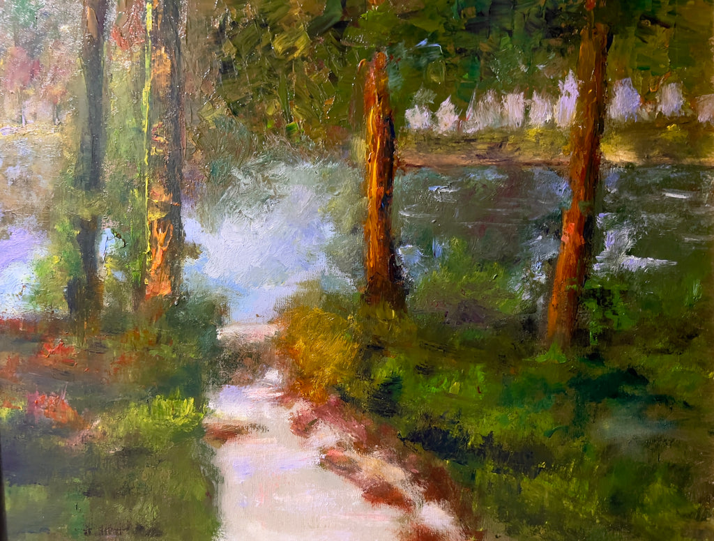 Impressionist painting of a forest lake with trees, a shoreline path, and soft morning light