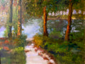 Impressionist painting of a forest lake with trees, a shoreline path, and soft morning light