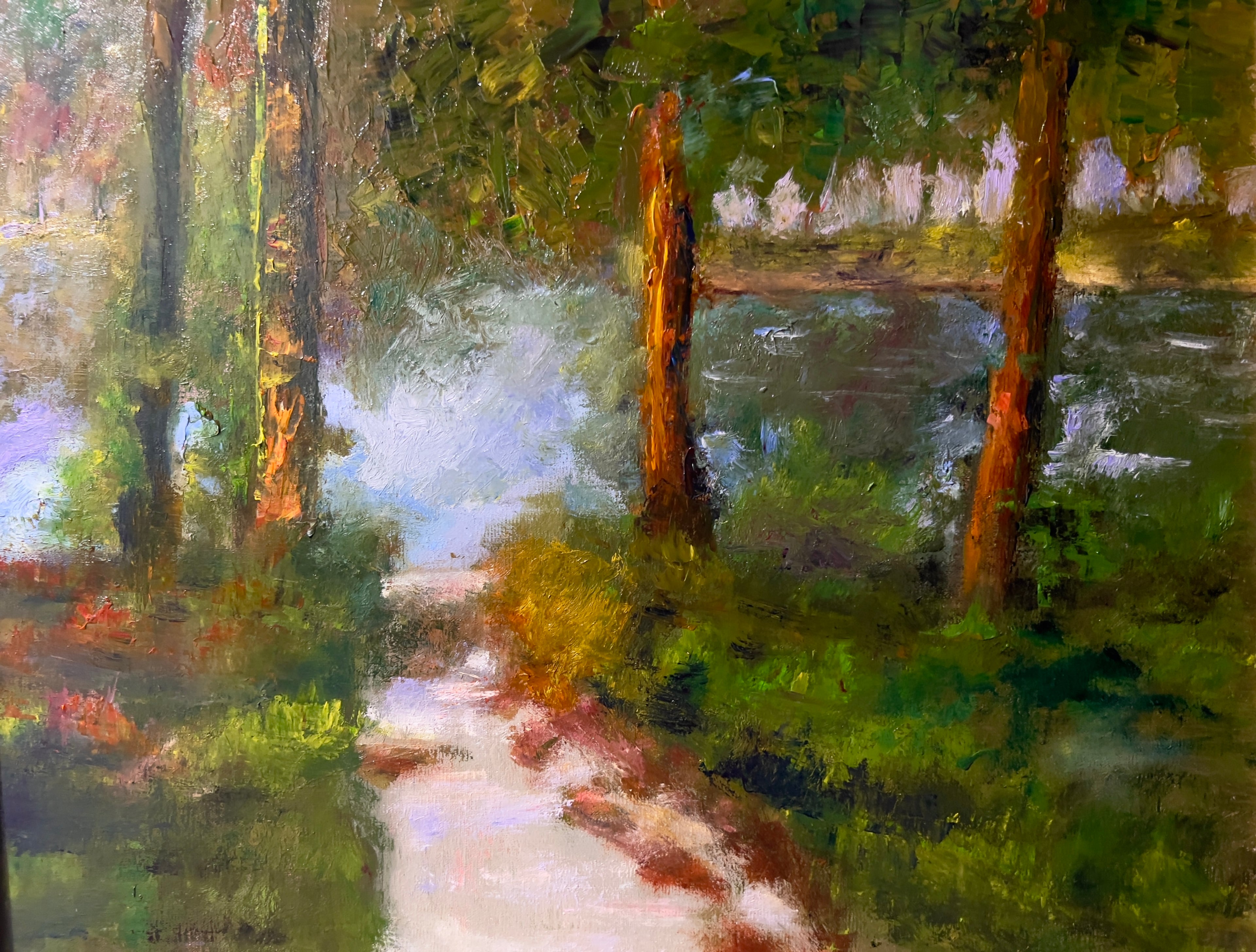 Impressionist painting of a forest lake with trees, a shoreline path, and soft morning light