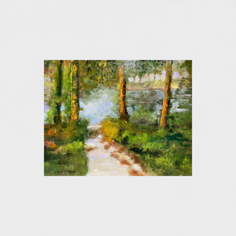 Impressionist painting of a forest lake with trees, a shoreline path, and soft morning light