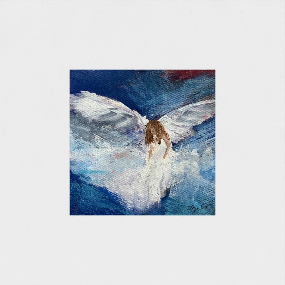 Impressionist painting of swirling white and blue light suggesting wings and airy movement