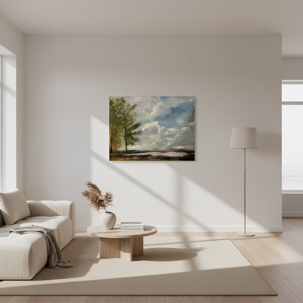 Modern living room with a painting of a landscape on the wall