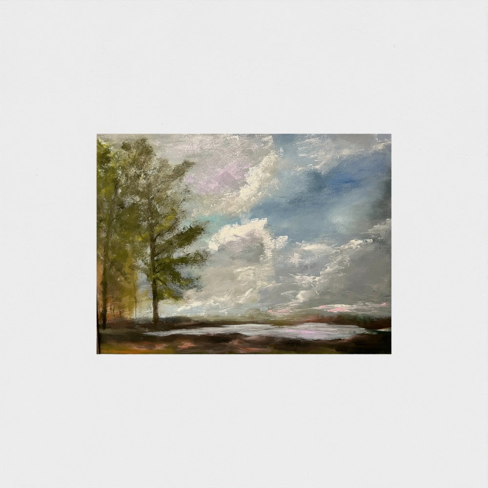 Impressionist painting of tranquil blue water with a soft misty sky and hints of golden light