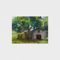 Impressionist painting of a weathered barn with green trees and warm golden light