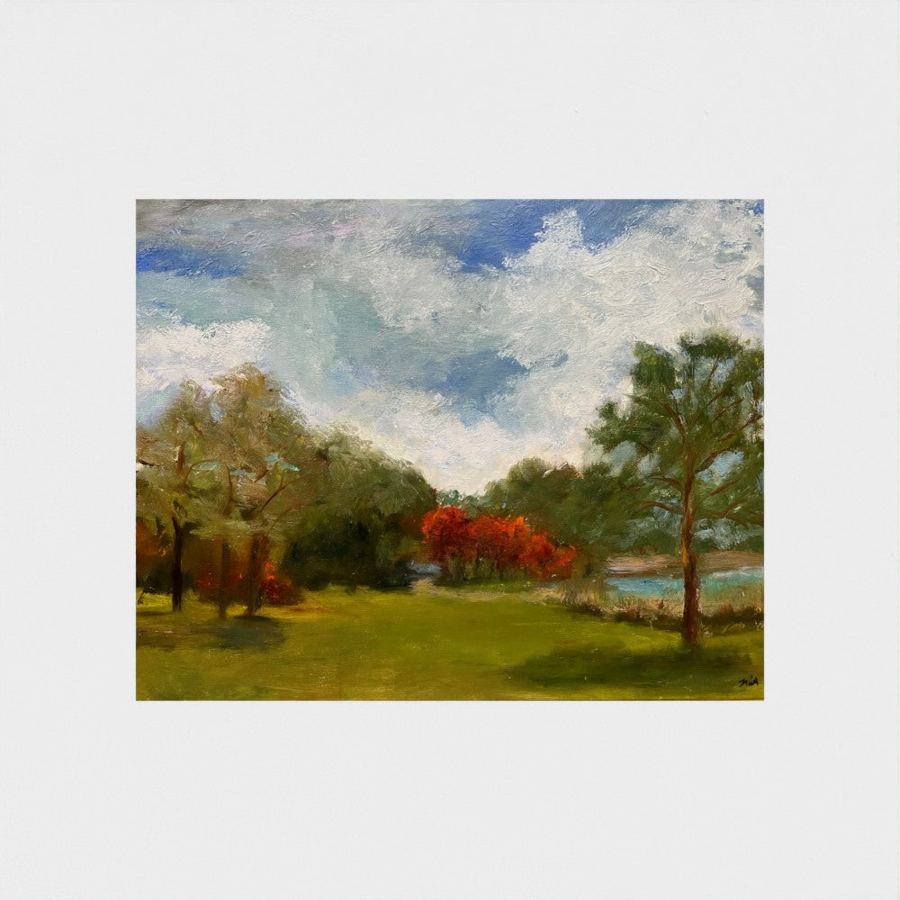 Impressionist painting of still water with soft sky reflections and gentle light