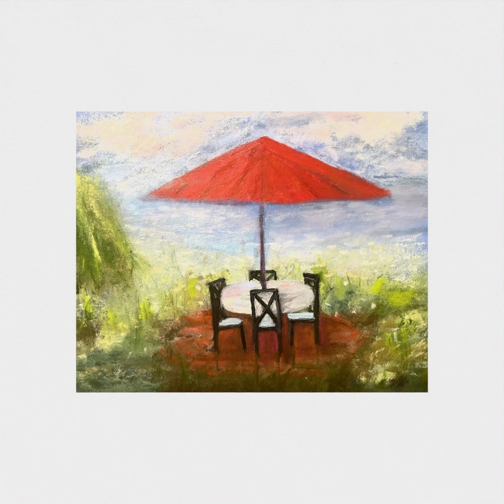 Impressionistic painting of an outdoor setting with a red umbrella, table, and chairs.