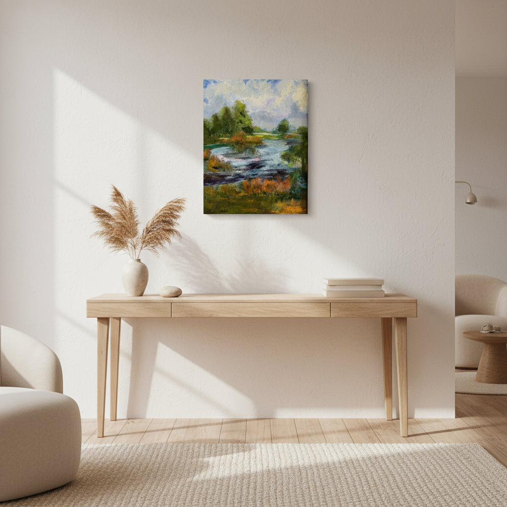 Living room with a painting of a landscape on the wall above a wooden console table.