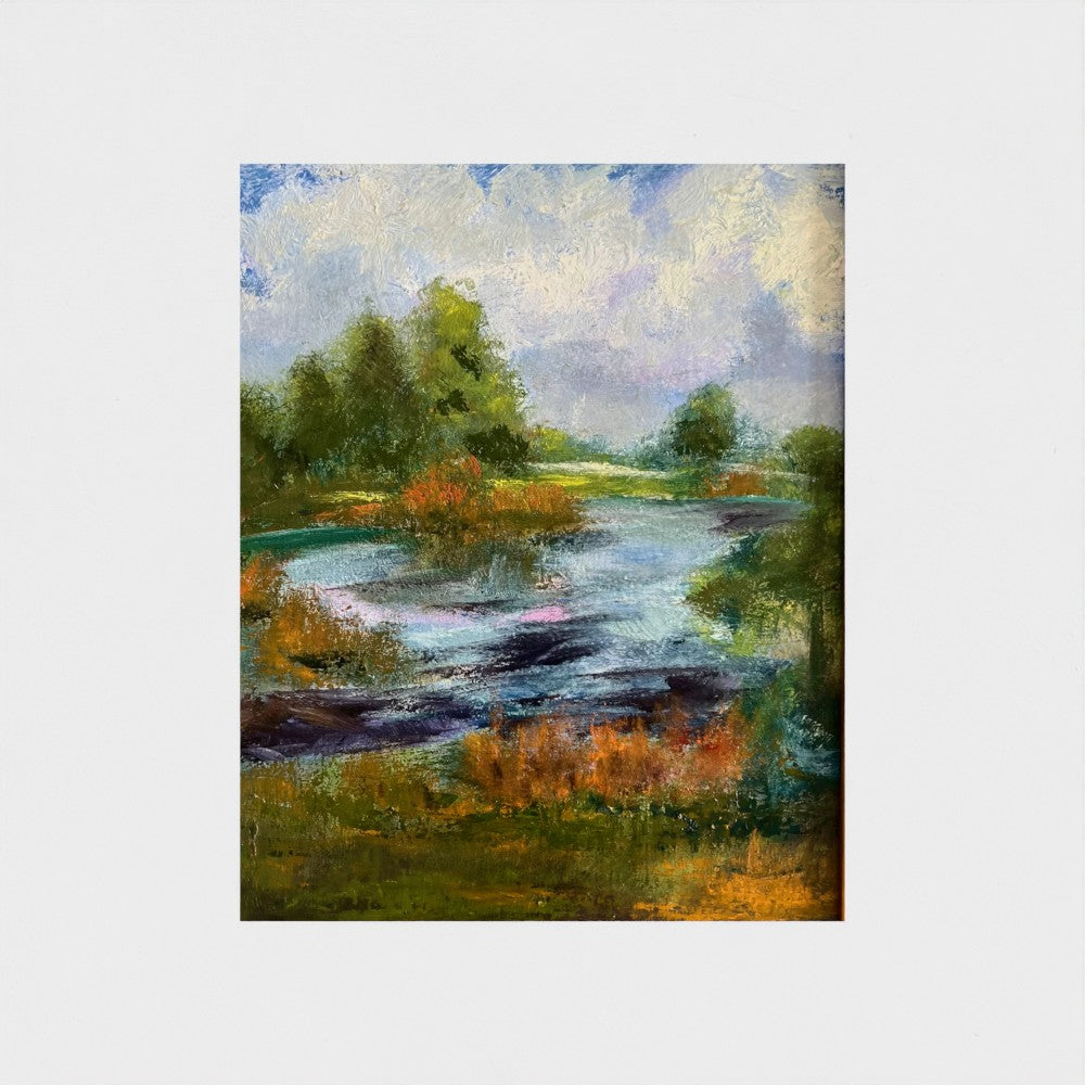 Impressionist painting of trees with golden morning light over dew-lit grass