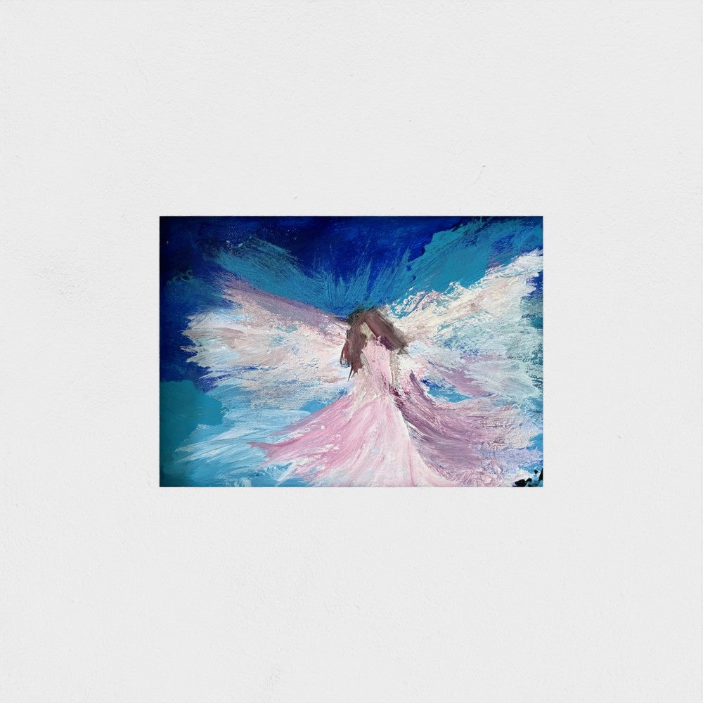 Impressionist painting of a luminous abstract figure with swirling pink and blue brushstrokes and soft white light