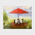 Impressionistic painting of an outdoor setting with a red umbrella, table, and chairs.