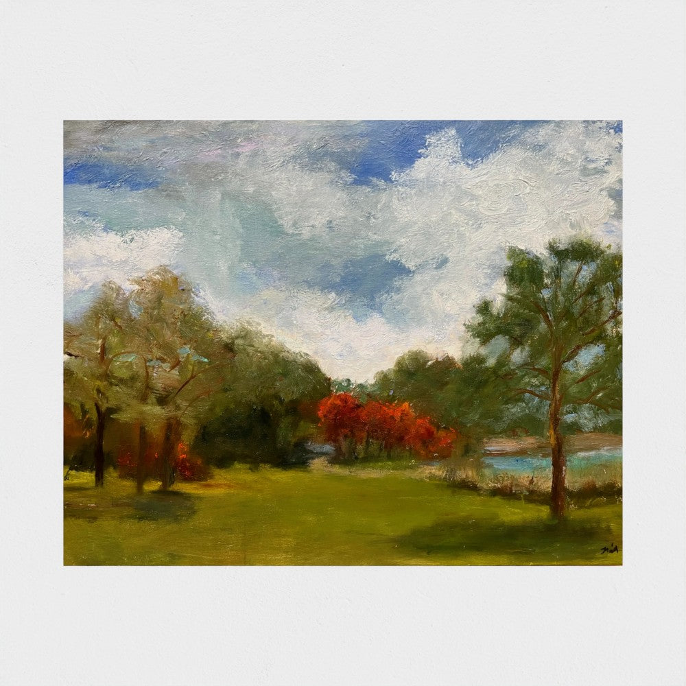Impressionist painting of still water with soft sky reflections and gentle light