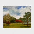 Impressionist painting of still water with soft sky reflections and gentle light
