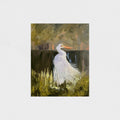 Impressionist painting of a white egret standing in marsh water with subtle reflections and warm sunlight