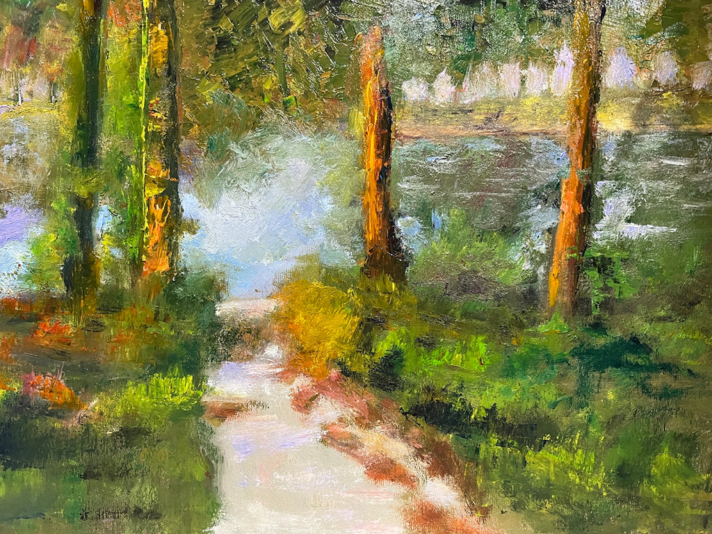 Impressionist painting of a forest lake with trees, a shoreline path, and soft morning light