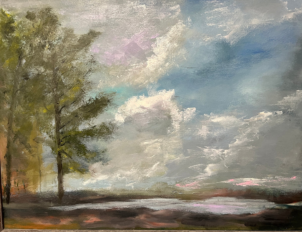Impressionist painting of tranquil blue water with a soft misty sky and hints of golden light